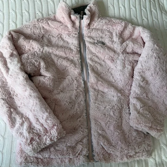 North Face Reversible Mossbud Swirl Puffer Coat Jacket Zip Gray Pink Girls L 14 - Picture 9 of 12